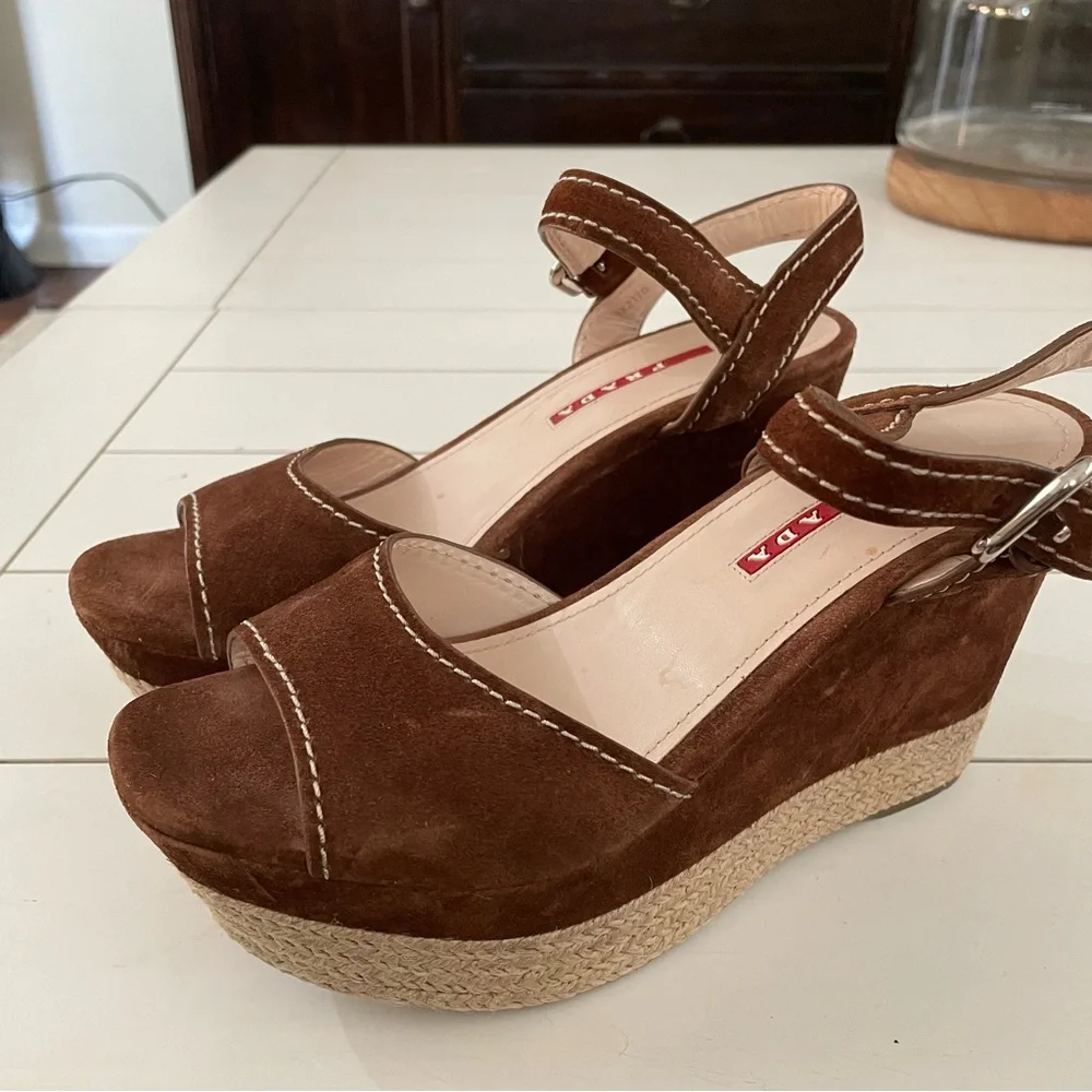 PRADA 3XZ170 Suede Platform Wedge Sandals Brown Espadrille Ankle Strap Size 36.5